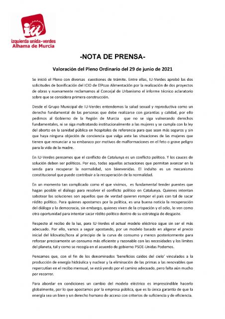 Valoración del Pleno Ordinario del 29 de junio de 2021. IU-verdes Alhama de Murcia