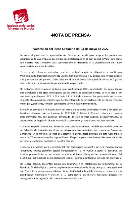 Valoración del Pleno Ordinario del 31 de mayo de 2022. IU-verdes Alhama de Murcia