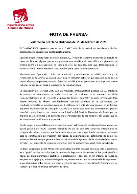 Valoración del Pleno Ordinario del 23 de febrero de 2021. IU-verdes Alhama de Murcia