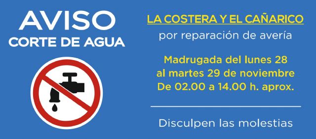 Corte de agua este martes en La Costera y El Cañarico