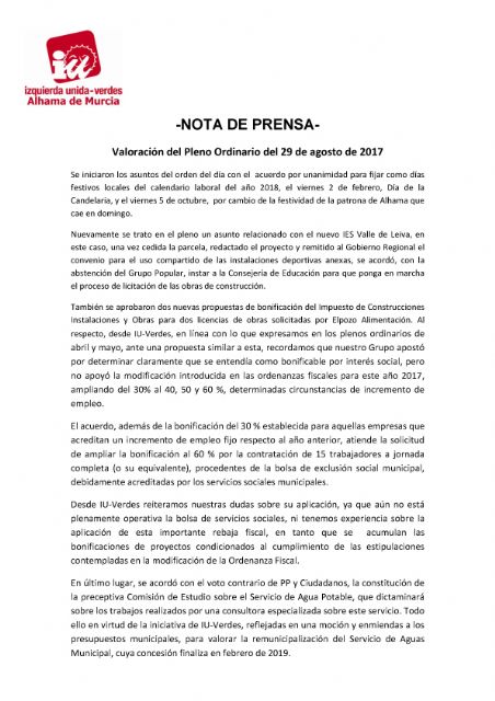 Valoración del Pleno Ordinario del 29 de agosto de 2017 - IU-verdes Alhama de Murcia