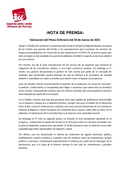 Valoración del Pleno Ordinario del 30 de marzo de 2021. IU-verdes Alhama de Murcia
