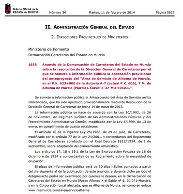 El BORM publica el anuncio de la Demarcación de Carreteras del Estado en Murcia sobre la resolución de la Dirección General de Carreteras