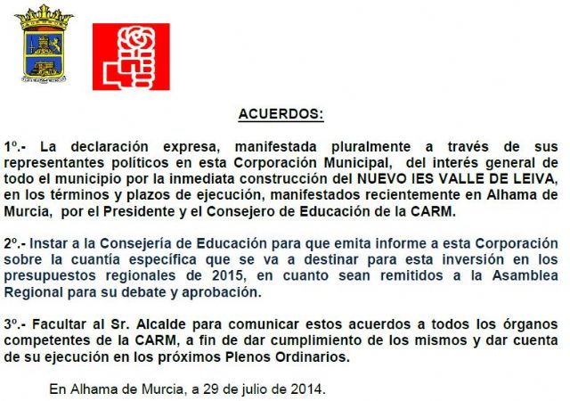 Pleno extraordinario promovido por el Grupo Municipal Socialista sobre el nuevo Instituto Valle de Leiva