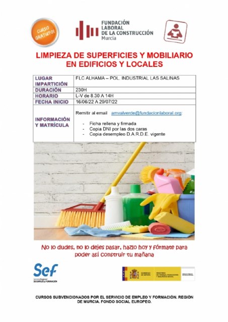 Curso gratuito de limpieza de superficies y mobiliario en edificios y locales