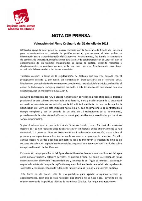 Valoración del Pleno Ordinario del 31 de julio de 2018. IU-verdes