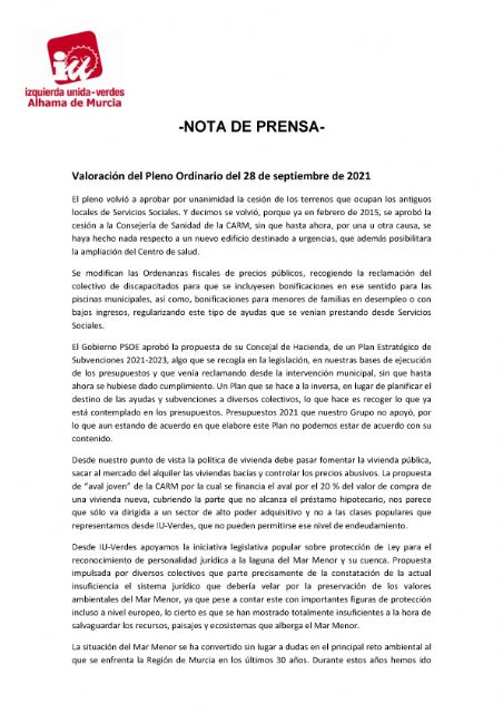 Valoración del Pleno Ordinario del 28 de septiembre de 2021. IU-verdes Alhama de Murcia