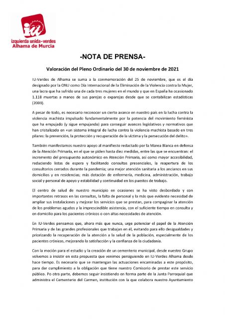 Valoración del Pleno Ordinario del 30 de noviembre de 2021. IU-verdes Alhama de Murcia