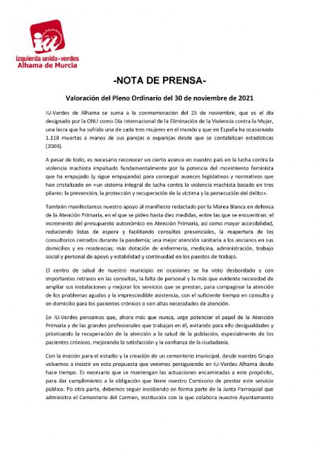 Valoración del Pleno Ordinario del 30 de noviembre de 2021. IU-verdes Alhama de Murcia