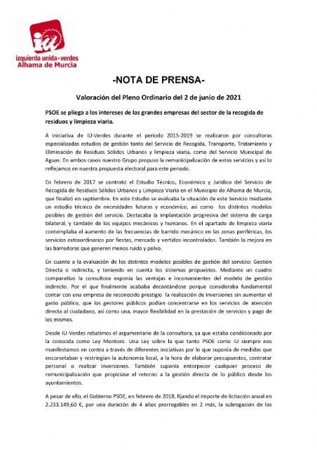 Valoración del Pleno Ordinario del 2 de junio de 2021. IU-verdes