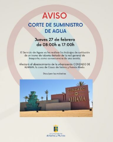 Corte de agua este jueves en Condado de Alhama y alrededores por trabajos en la red