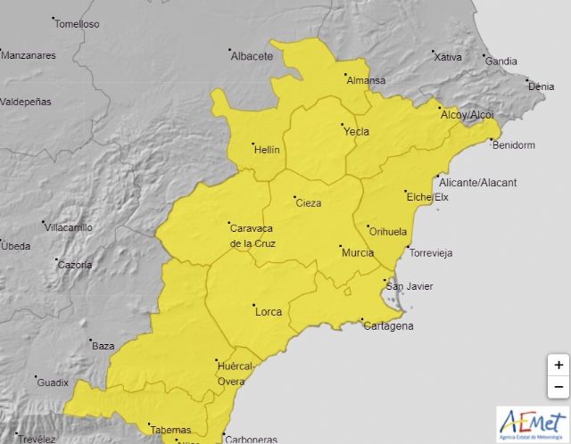 AEMET emite aviso de nivel amarillo por lluvias y tormentas en la Región de Murcia