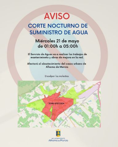AVISO: Corte nocturno en el suministro de agua en el casco urbano de Alhama de Murcia