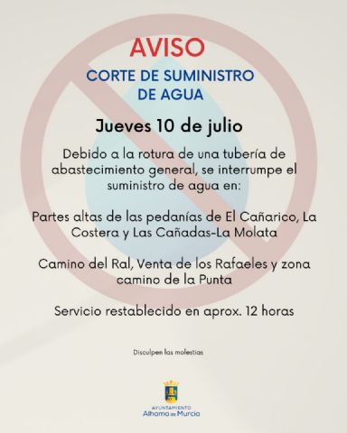 Corte temporal de suministro de agua por rotura en tubería de abastecimiento general