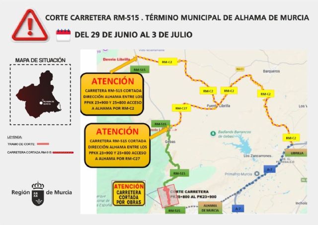 La Comunidad Autónoma cortará al tráfico un tramo de la RM-515 en El Berro del 29 de junio al 3 de julio por trabajos de poda y saneo del arbolado