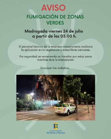 Aviso a la población por una fumigación contra los mosquitos durante la madrugada del viernes 24 de julio