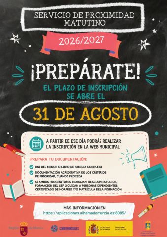 El Ayuntamiento informa de la próxima apertura del plazo de inscripción para el Servicio Municipal de Proximidad Matutino 2026-2027