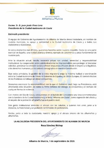 Alhama conmemora el Día de Ceuta y muestra su respaldo a la Ciudad Autónoma