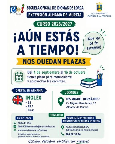 Abierto el plazo para matricularse en las plazas sobrantes de la Extensión de la Escuela Oficial de Idiomas en Alhama