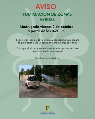 Aviso a la población por una fumigación contra los mosquitos durante la madrugada del viernes 2 de octubre
