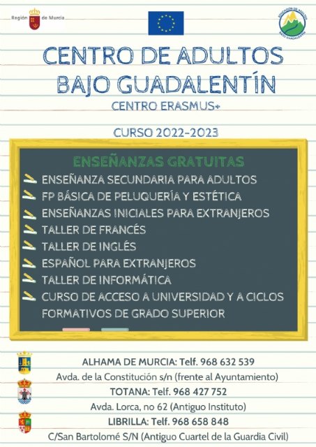 Abierto el plazo de matrícula para el curso 2022-2023 en el Centro de Educación de Adultos Bajo Guadalentín