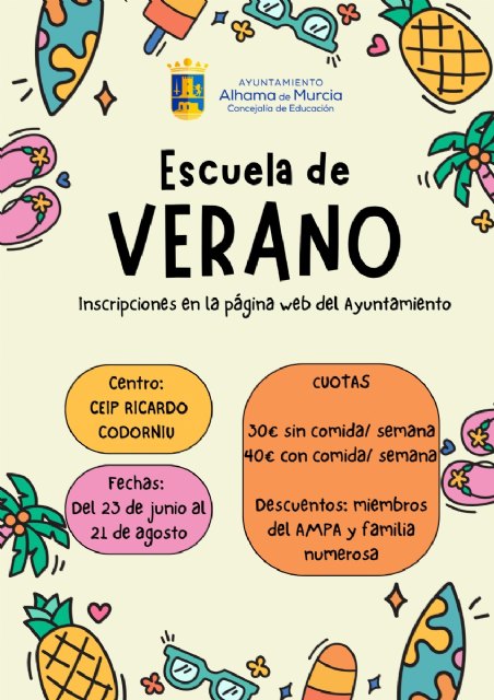 La Escuela de Verano 2026 de Alhama de Murcia abrirá el plazo de inscripción del 18 de mayo al 11 de junio