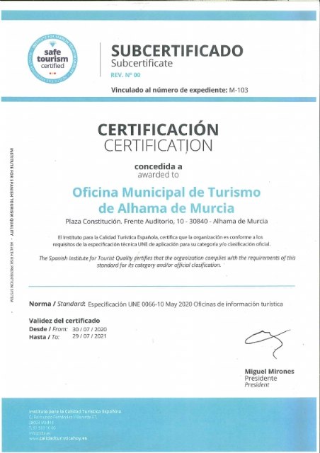 La oficina de turismo de Alhama obtiene el certificado ´Safe Tourism Certified´