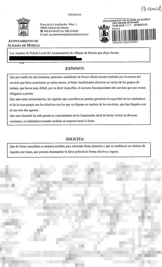 El alcalde convoca una reunión con la Policía Local  y hace pública la primera comunicación al Gobierno local presentada