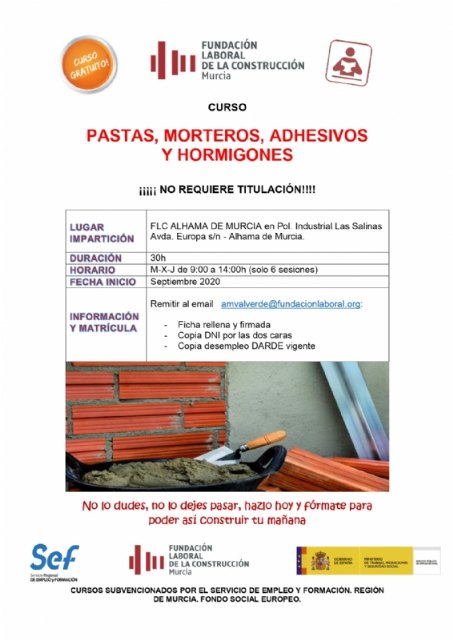 Curso gratuito de pastas, morteros, adhesivos y hormigones en la Fundación Laboral de la Construcción