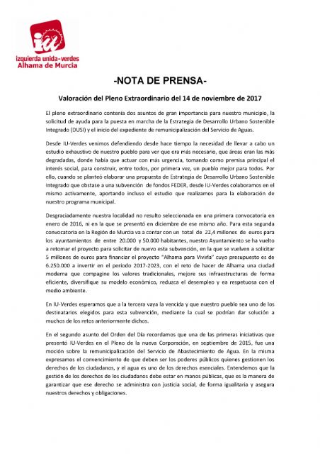 Valoración del Pleno Extraordinario del 14 de noviembre de 2017. IU-Verdes