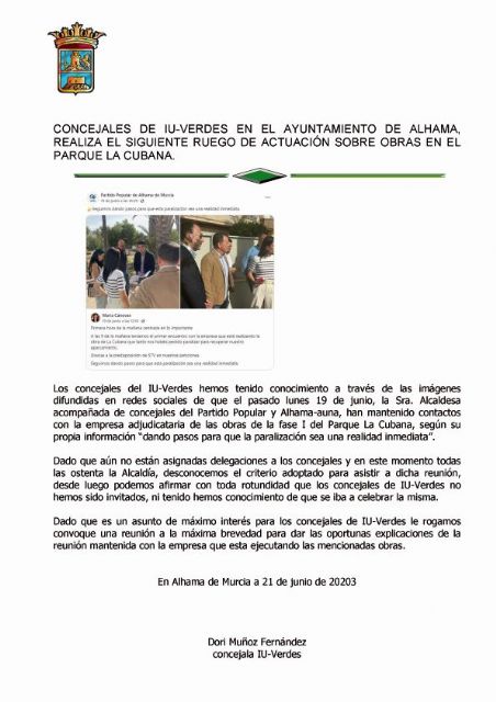 IU Alhama lucha por la transparencia: La Alcaldesa excluye a concejales en la reunión con la empresa del proyecto de la Cubana STV