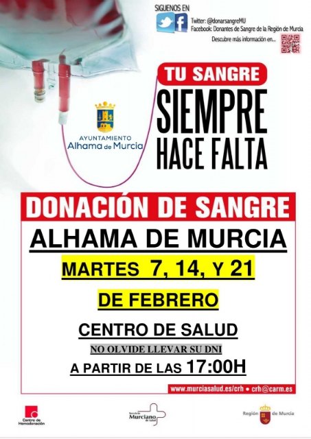 Calendario de donación de sangre durante febrero 2023 en el Centro de Salud de Alhama