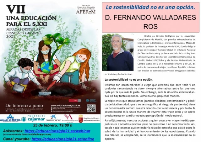 Las VII jornadas ´Una educación para el siglo XXI´ tratarán el medio ambiente a través de una conferencia online