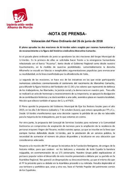 Valoración del Pleno Ordinario del 26 de junio de 2018. IU-verdes