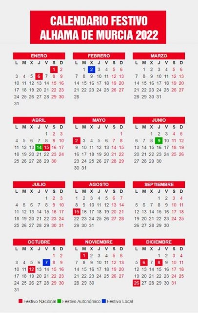 Calendario festivo para 2022 en Alhama de Murcia