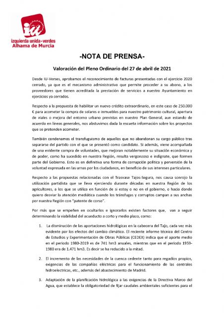 Valoración del Pleno Ordinario del 27 de abril de 2021