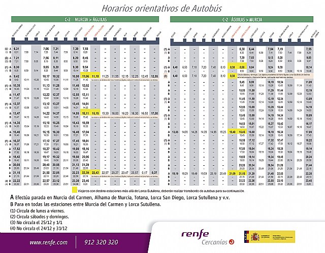 Horarios del servicio alternativo de autobús línea Murcia-Águilas por las obras de ADIF