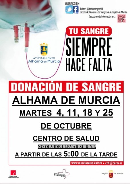 Calendario de hemodonación para este mes de octubre en el Centro de Salud de Alhama de Murcia
