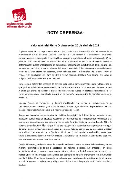 Valoración del Pleno Ordinario del 26 de abril de 2022. IU-verdes Alhama de Murcia