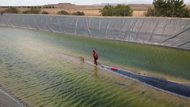 Bomberos del CEIS rescatan a un perro que había caído a una balsa de riego, en Alhama