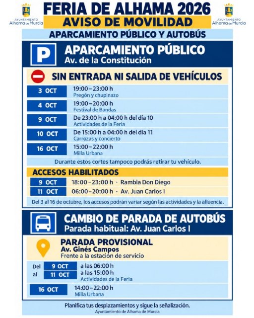 Cambios en el acceso al aparcamiento público y en la parada de autobús durante las fiestas patronales de Alhama