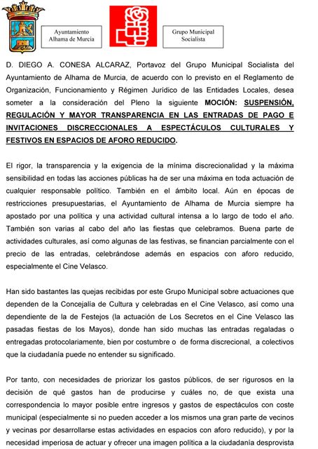 El PSOE de Alhama presenta una moción solicitando una regulación transparente en las entradas de protocolo