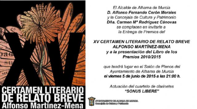 Se pospone la entrega de premios del XV Certamen Literario de Relato Breve Alfonso Martínez Mena al 5 de junio