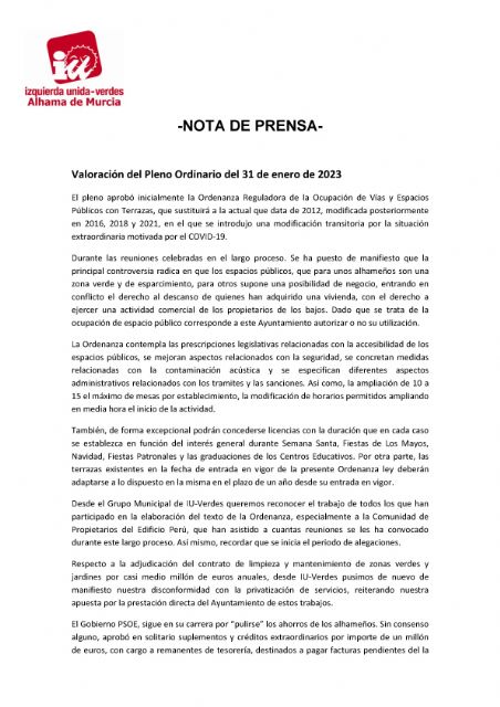 Valoración del Pleno Ordinario del 31 de enero de 2023. IU-verdes Alhama de Murcia