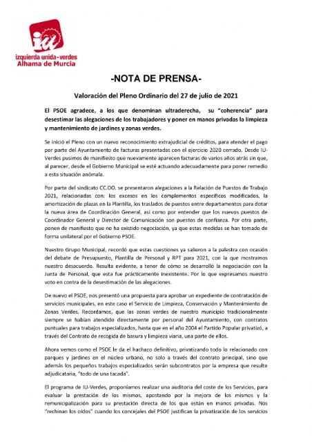 Valoración del Pleno Ordinario del 27 de julio de 2021. IU-verdes Alhama de Murcia