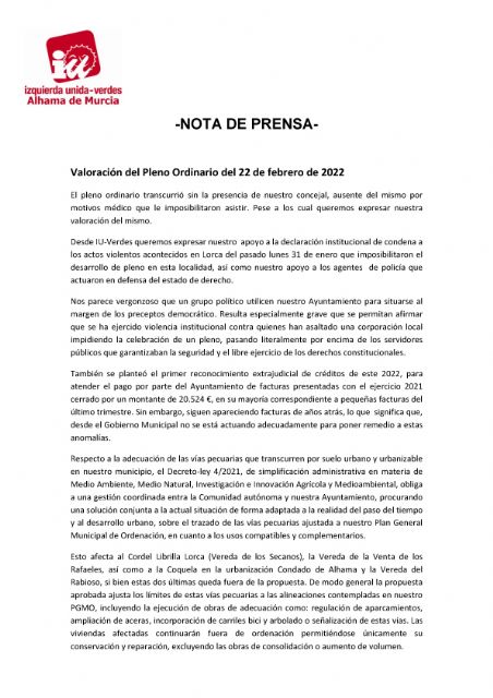 Valoración del Pleno Ordinario del 22 de febrero de 2022. IU-verdes Alhama de Murcia
