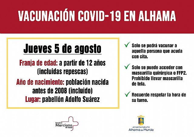 Previsión de vacunaciones Covid-19 en Alhama para el jueves 5 de agosto