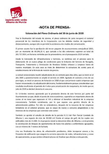 Valoración del Pleno Ordinario del 30 de junio de 2020. IU-verdes Alhama de Murcia