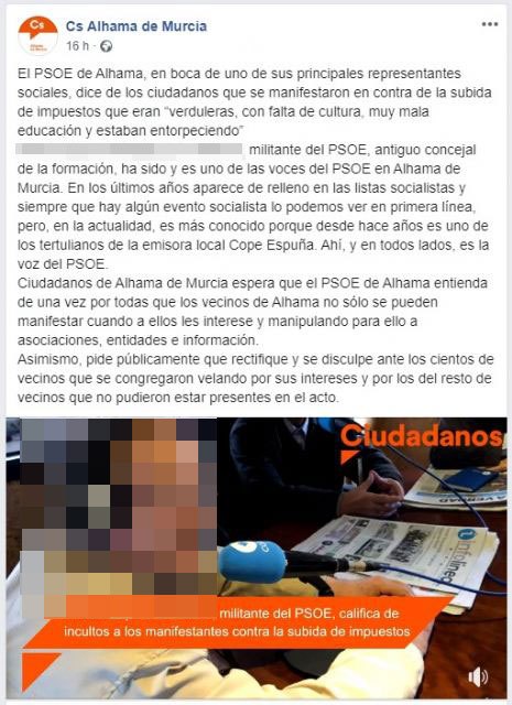 El PSOE estudia acciones legales contra C's de Alhama por la utilización y difusión de imágenes de un vecino sin su consentimiento