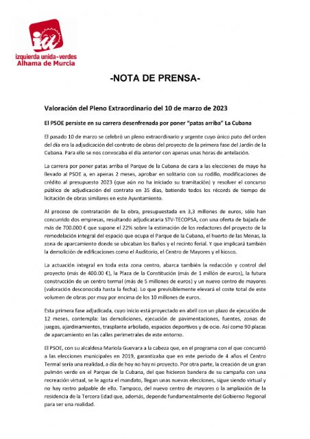 'El PSOE persiste en su carrera desenfrenada por poner 'patas arriba' La Cubana'